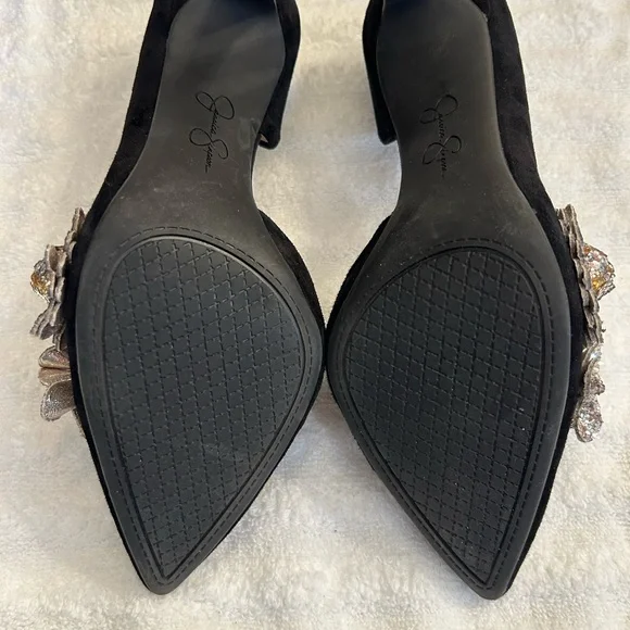 Jessica Simpson velvet like black heels embellished with silver flower details. - Picture 8 of 8